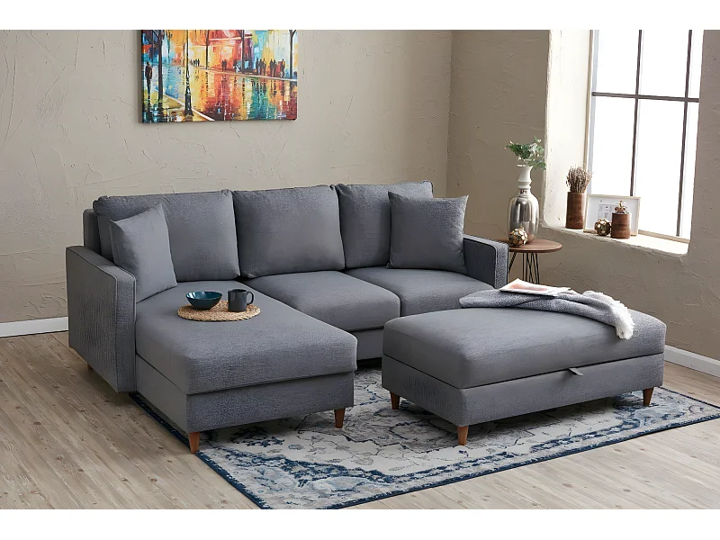 Canapé d'angle à gauche convertible avec pouf-coffre Evania Tissu Gris