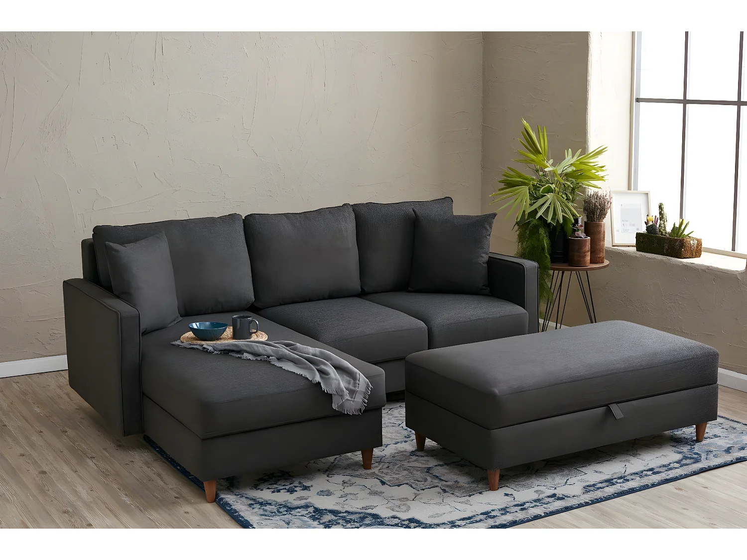 Canapé d'angle à gauche convertible avec pouf-coffre Evania Tissu Gris anthracite