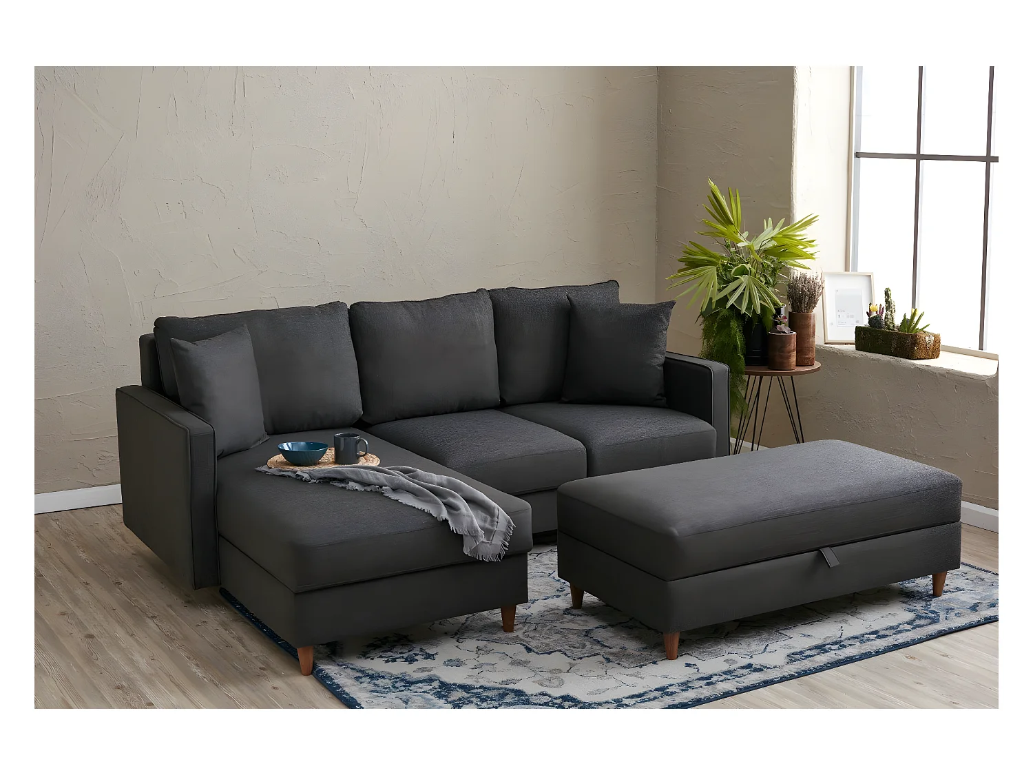Canapé d'angle à gauche convertible avec pouf-coffre Evania Tissu Gris anthracite
