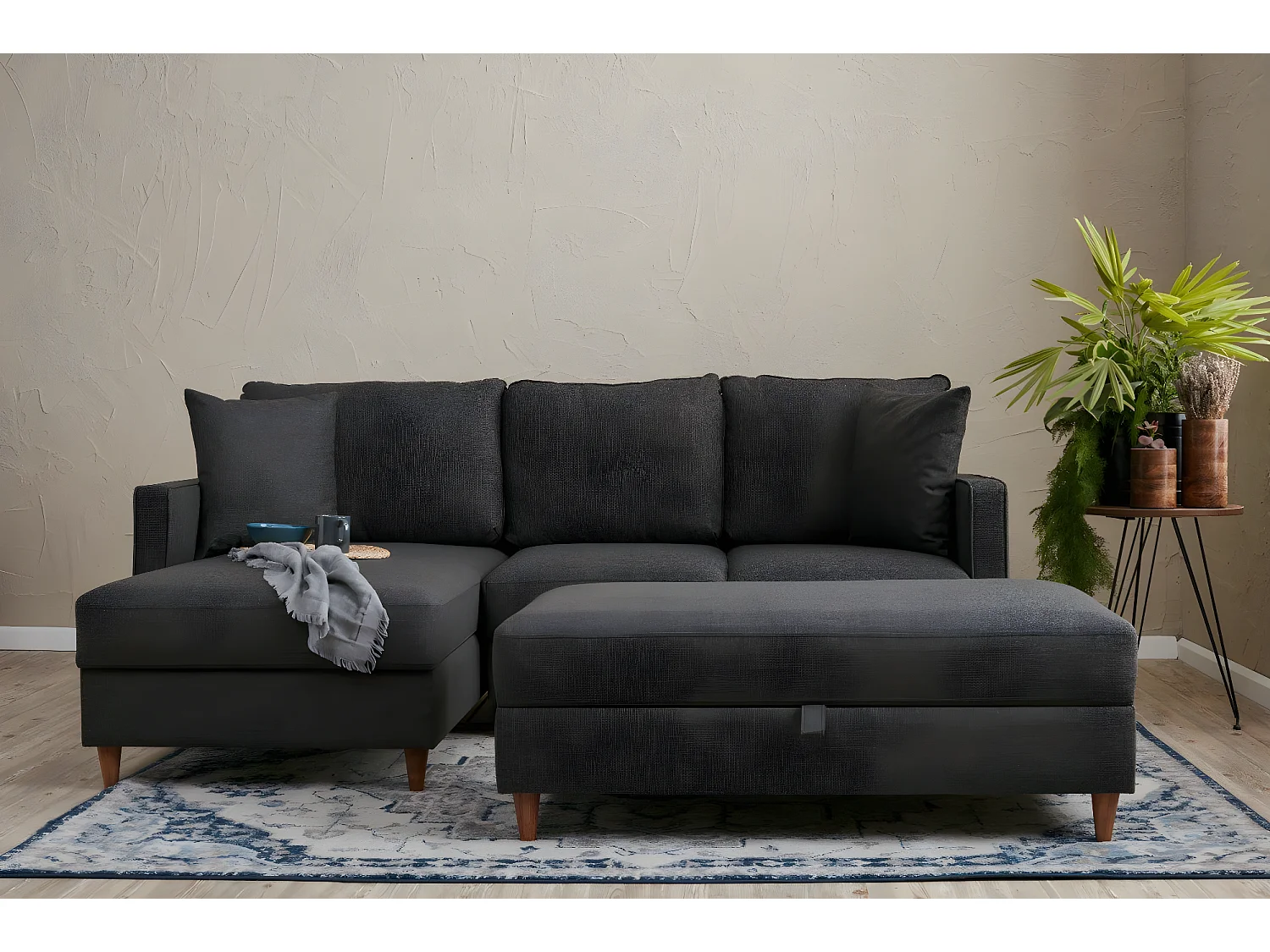 Ombouwbare hoekbank met Commode antraciet stof Melano 210 cm-Model Linkerhoek