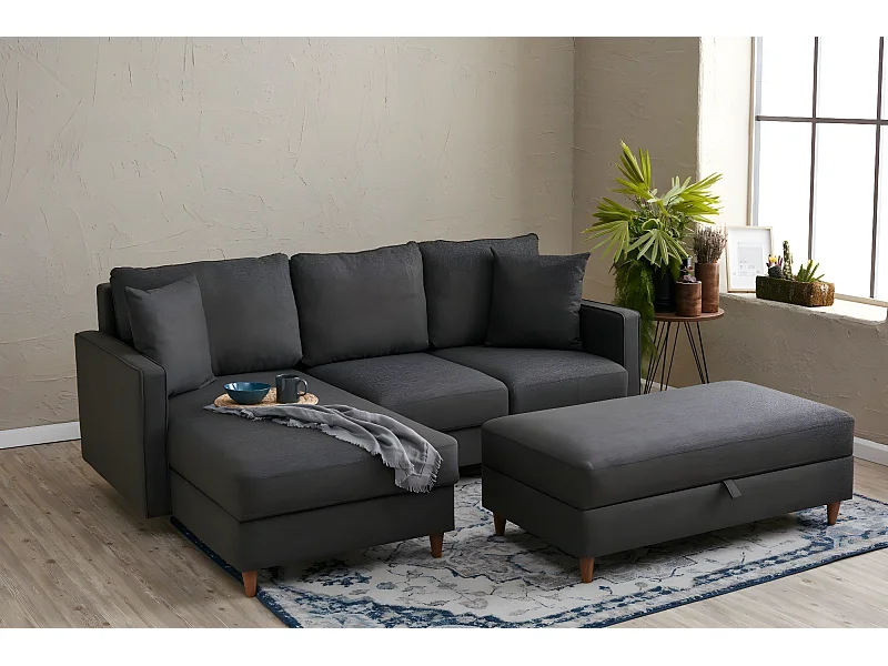 Canapé d'angle à gauche convertible avec pouf-coffre Evania Tissu Gris anthracite