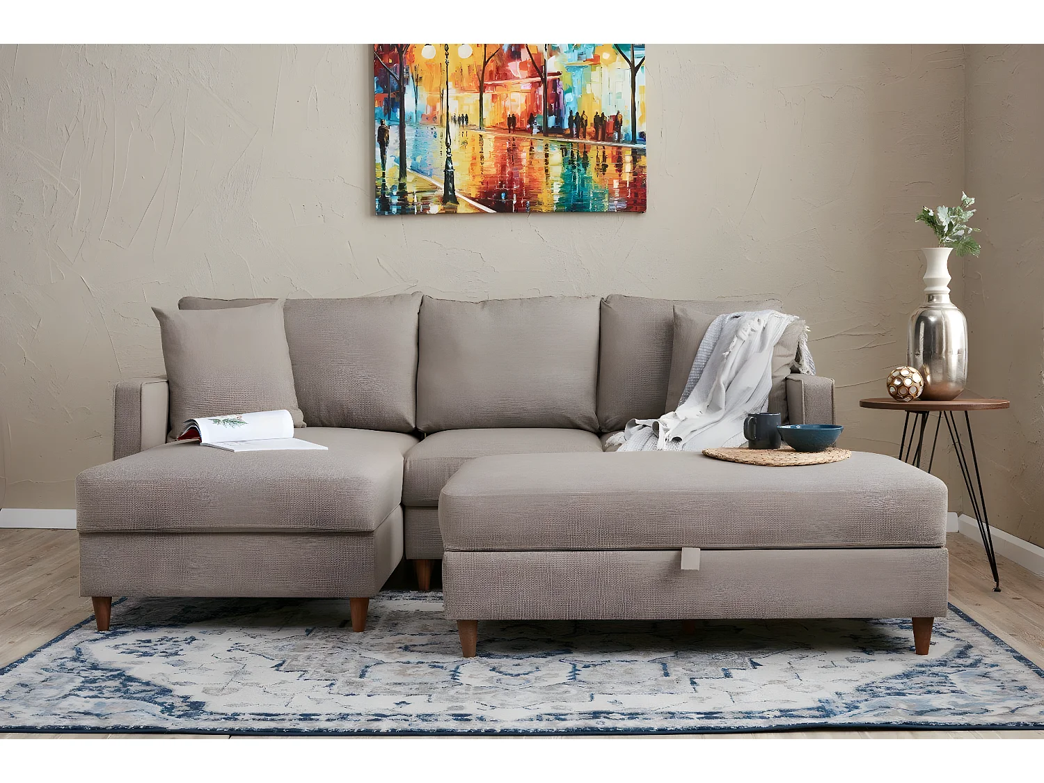 Canapé d'angle à gauche convertible avec pouf-coffre Evania Tissu Taupe