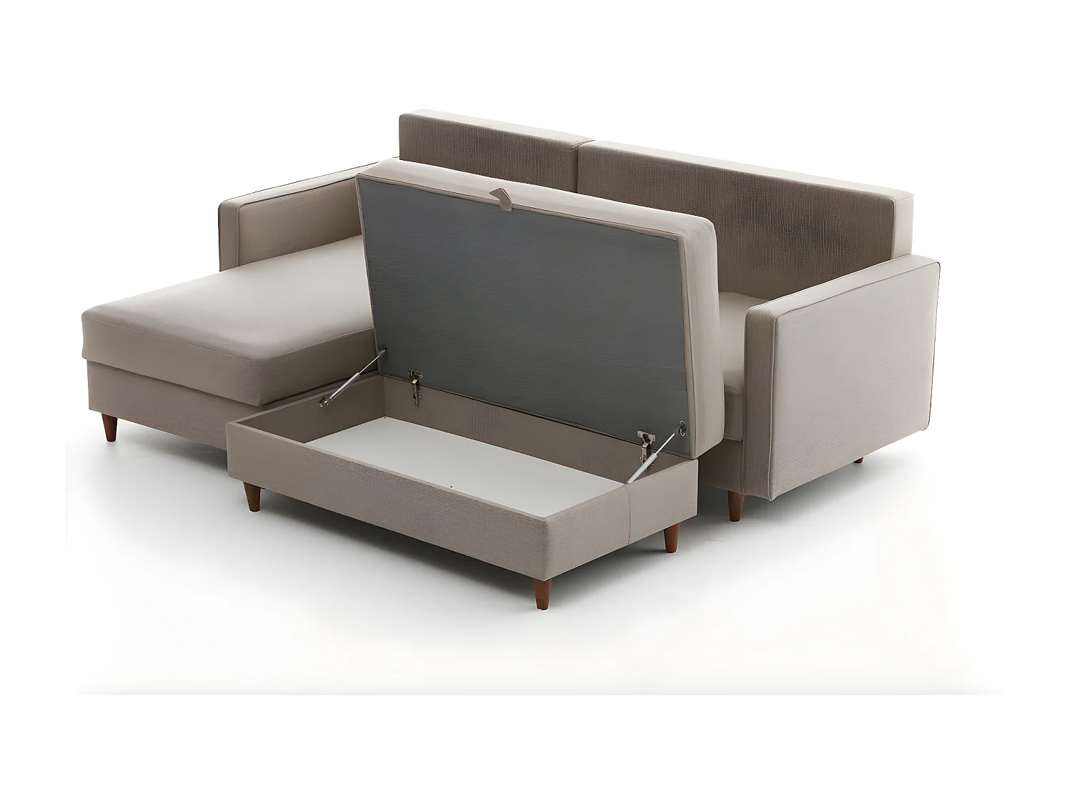 Canapé d'angle à gauche convertible avec pouf-coffre Evania Tissu Taupe