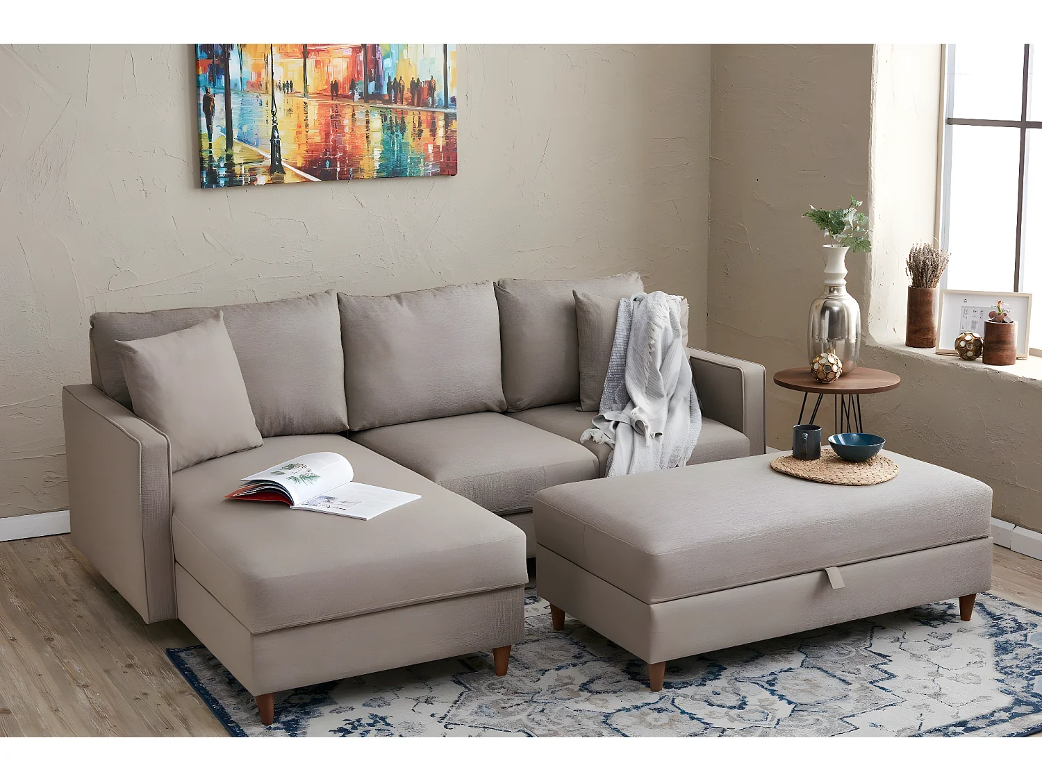 Converteerbare hoekbank met opbergpoef in lichtbeige Melano stof 210 cm-Model Linkerhoek