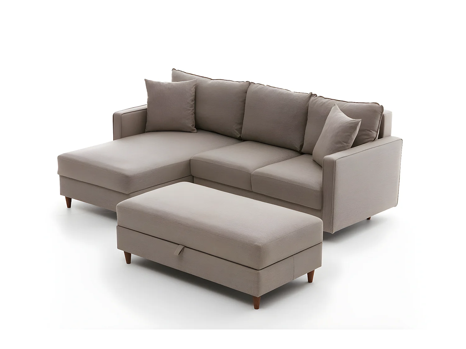 Converteerbare hoekbank met opbergpoef in lichtbeige Melano stof 210 cm-Model Linkerhoek