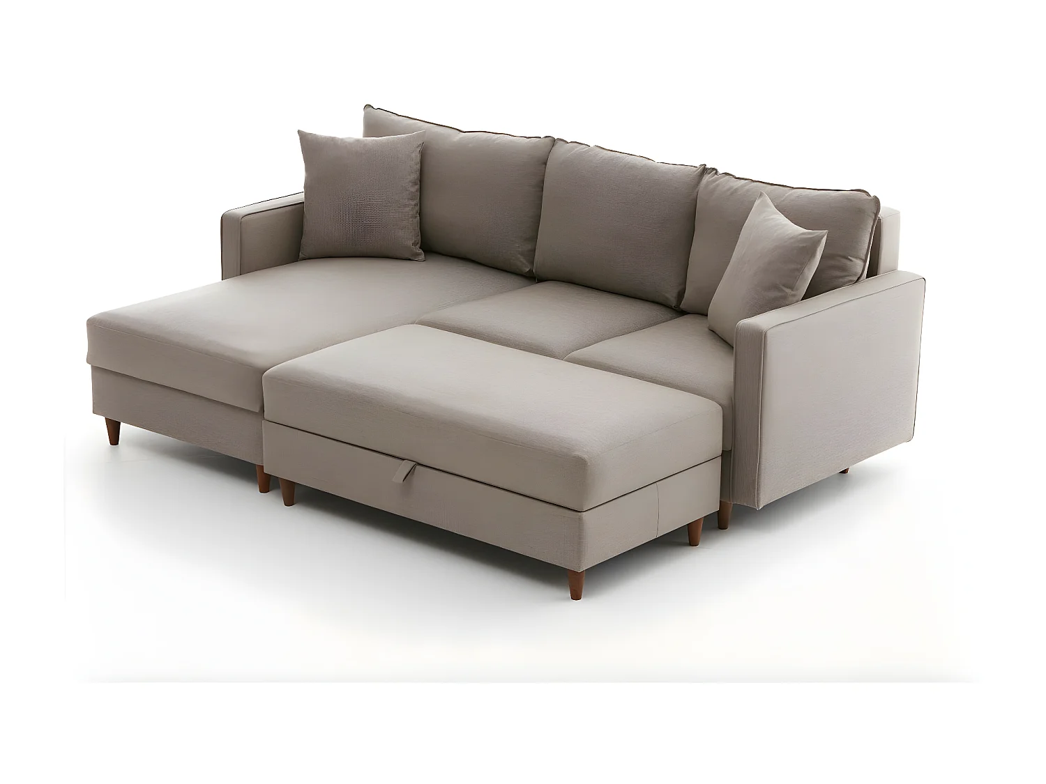 Converteerbare hoekbank met opbergpoef in lichtbeige Melano stof 210 cm-Model Linkerhoek