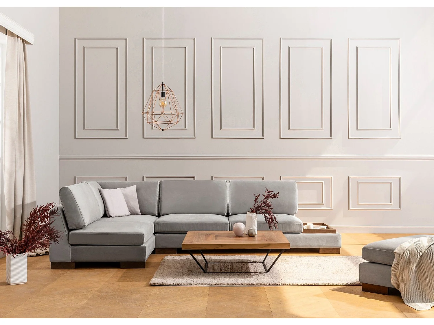 Canapé d'angle gauche avec pouf Perissa Velours Gris clair