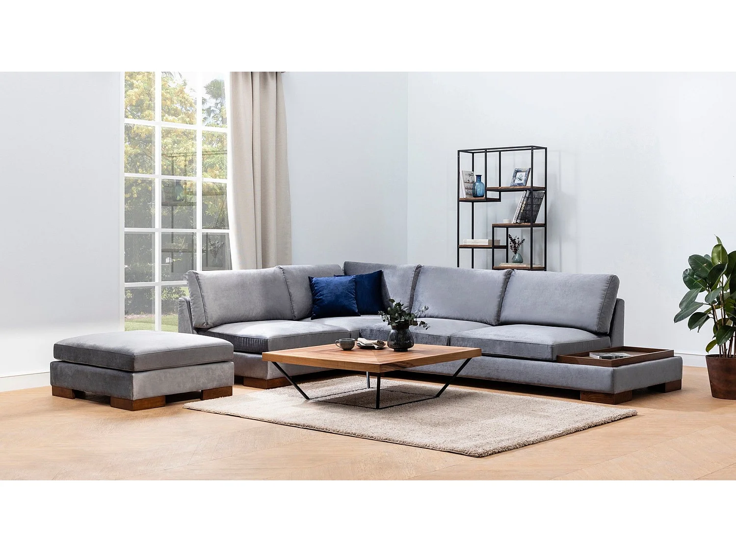 Canapé d'angle gauche avec pouf Perissa Velours Gris foncé