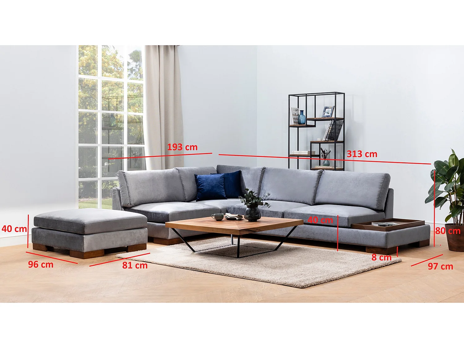 Canapé d'angle gauche avec pouf Perissa Velours Gris foncé