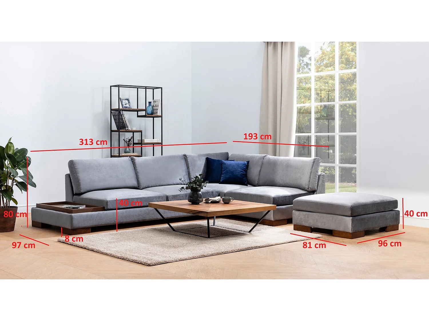 Canapé d'angle gauche avec pouf Perissa Velours Gris foncé