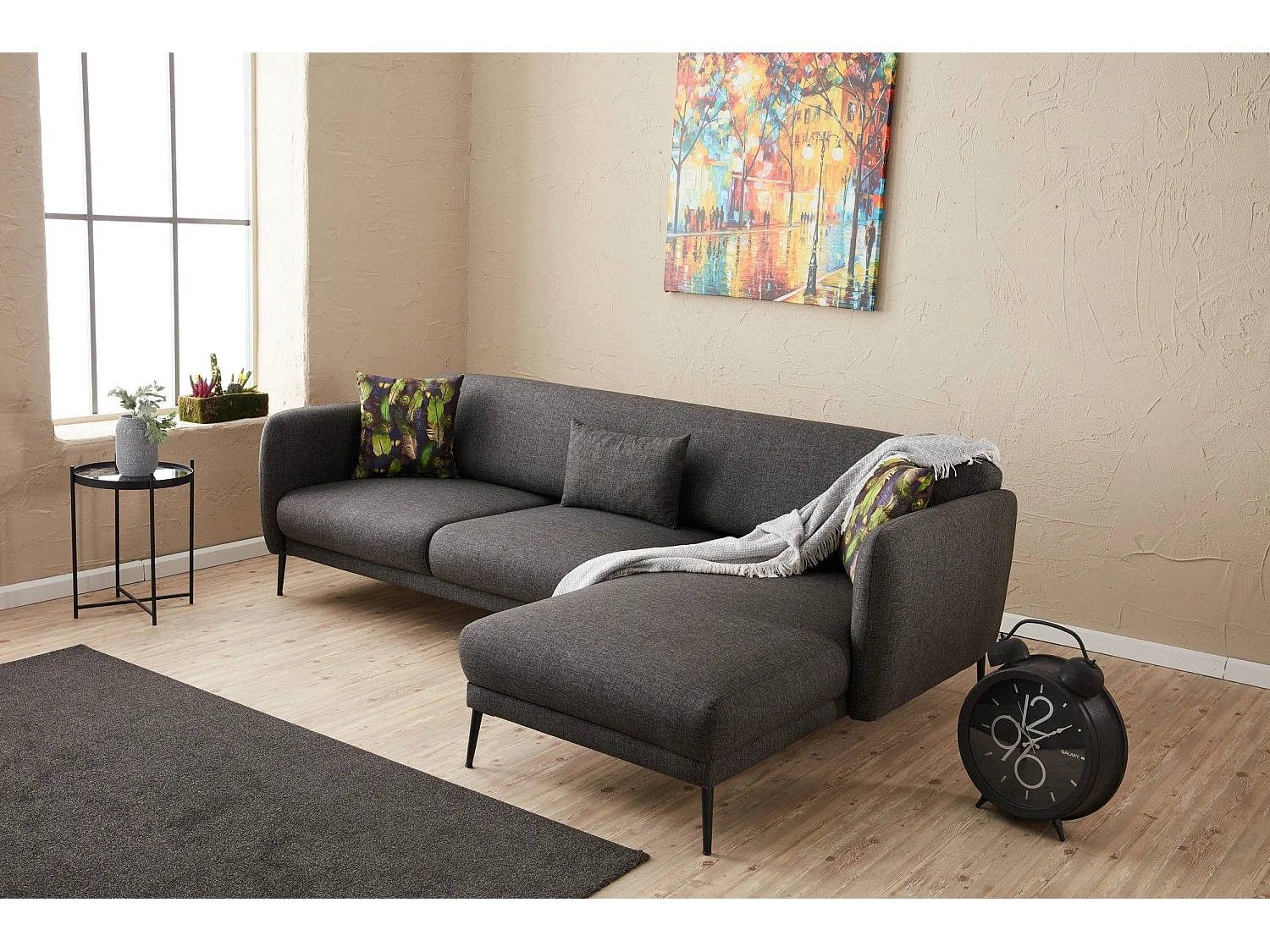 Canapé d'angle à droite Juanita Tissu Anthracite