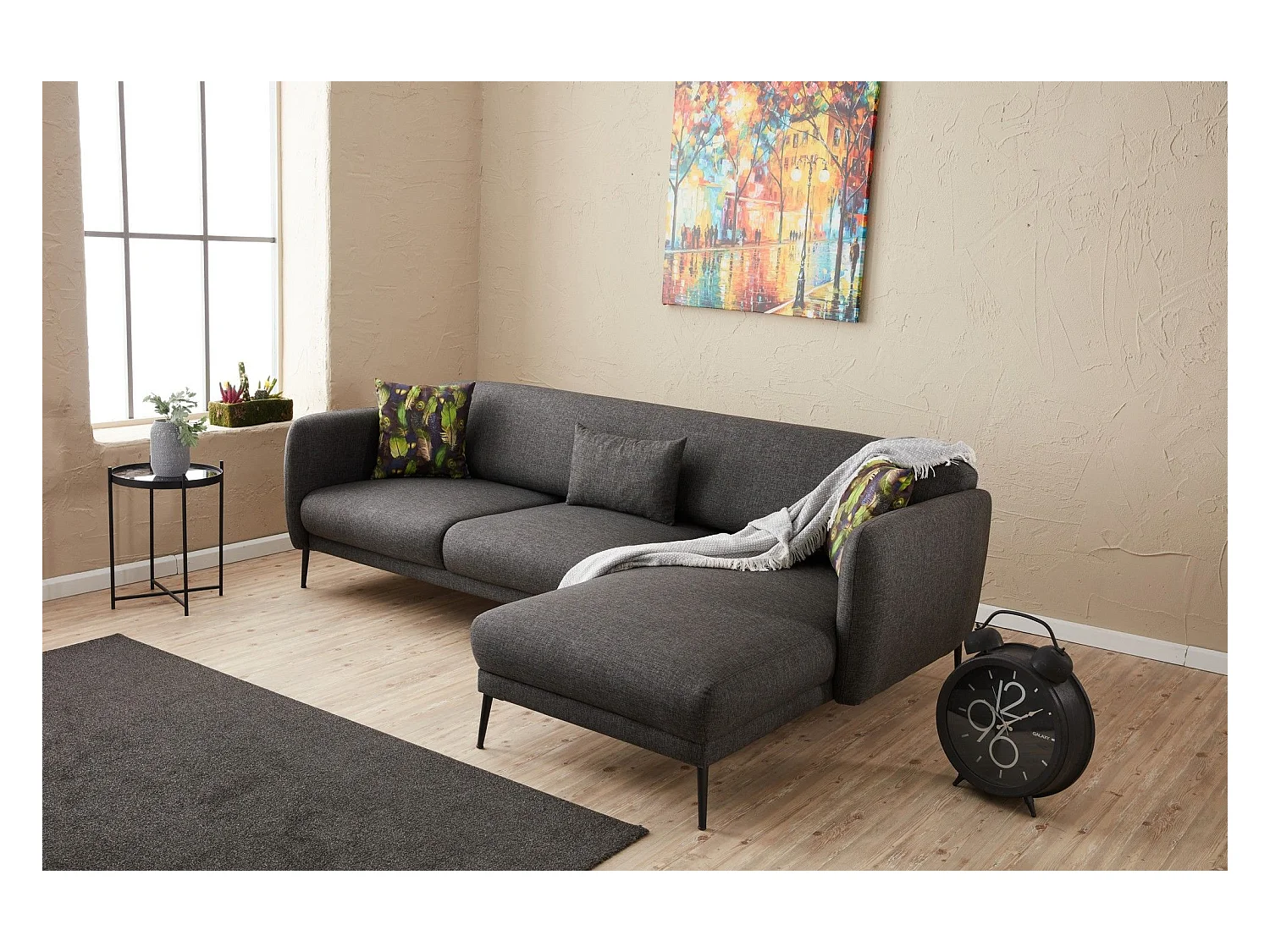 Canapé d'angle à droite Juanita Tissu Anthracite