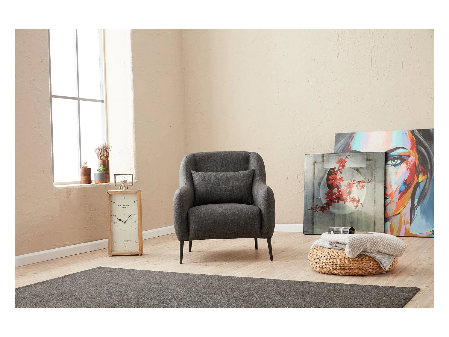 Moderne 1-zits fauteuil – 77 x 70 x 77 cm – Antraciet – 100% beukenhouten frame