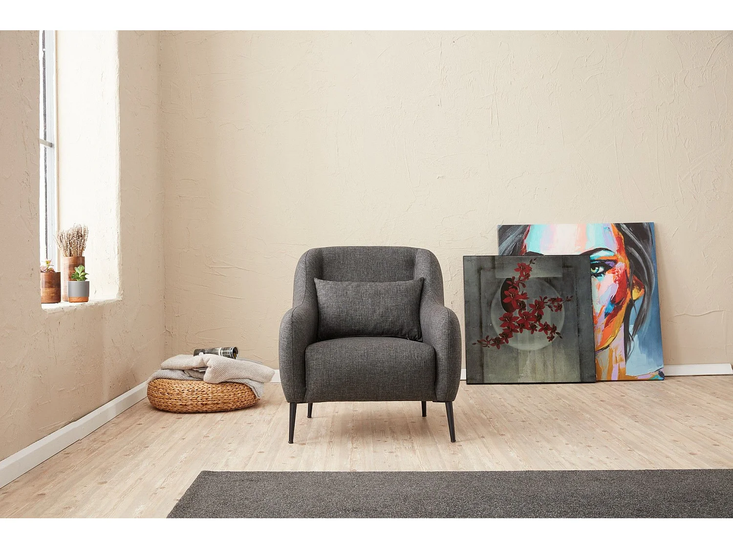 Poltrona moderna de 1 lugar – 77 x 70 x 77 cm – Antracite – Estrutura 100% madeira de faia