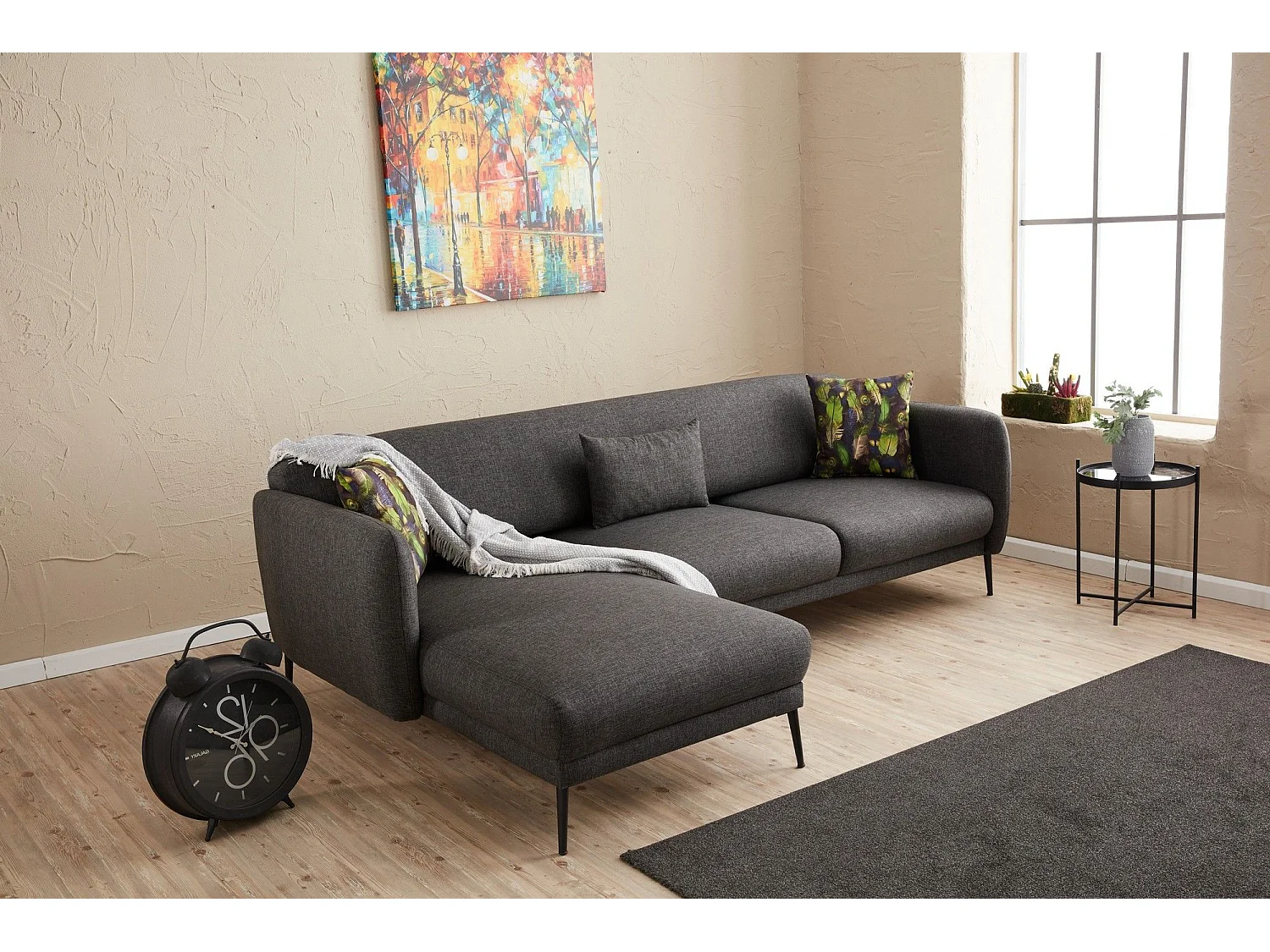 Moderne hoekbank links antraciet stof Valiko 265 cm