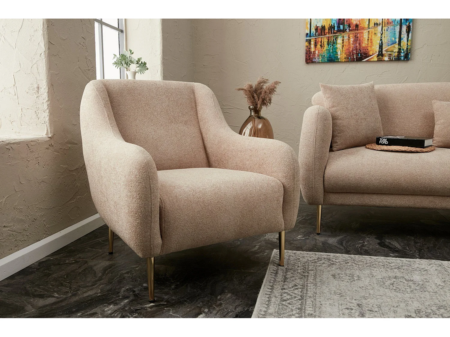 Sillón Altadena 308, De color marrón claro, 77x70x70cm, Tapiz, Patas: Metal