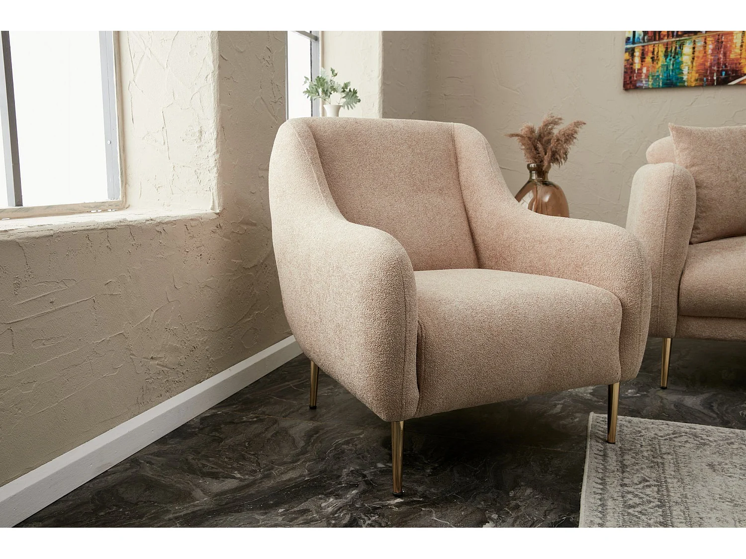 Poltrona de 1 lugar – 77 x 70 x 77 cm – Bege e dourado – Madeira de faia e poliéster