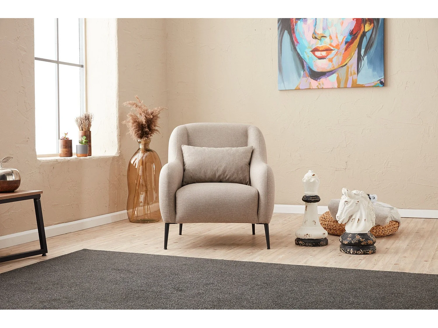 Poltrona moderna de 1 lugar – 77 x 70 x 77 cm – creme – madeira de faia, tecido antibacteriano, espuma 28 DNS