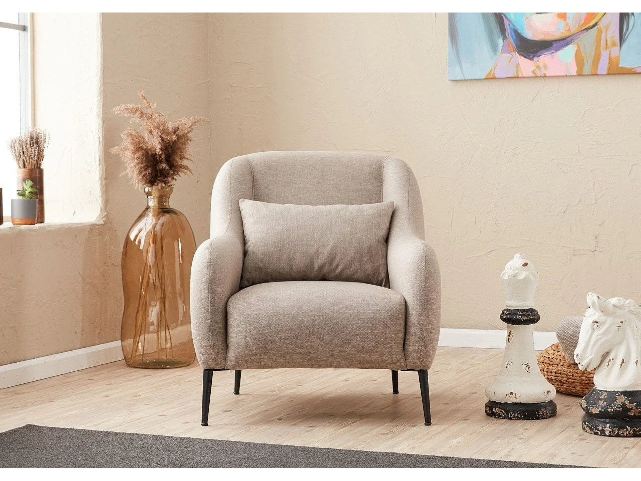 Poltrona moderna de 1 lugar – 77 x 70 x 77 cm – creme – madeira de faia, tecido antibacteriano, espuma 28 DNS