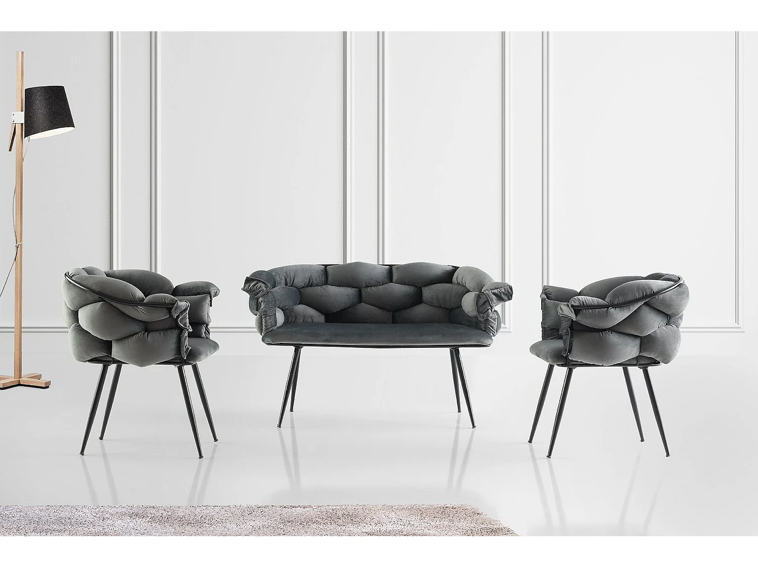 Ensemble canapé 2 places et 2 fauteuils Krogh Métal Noir et Velours Gris foncé