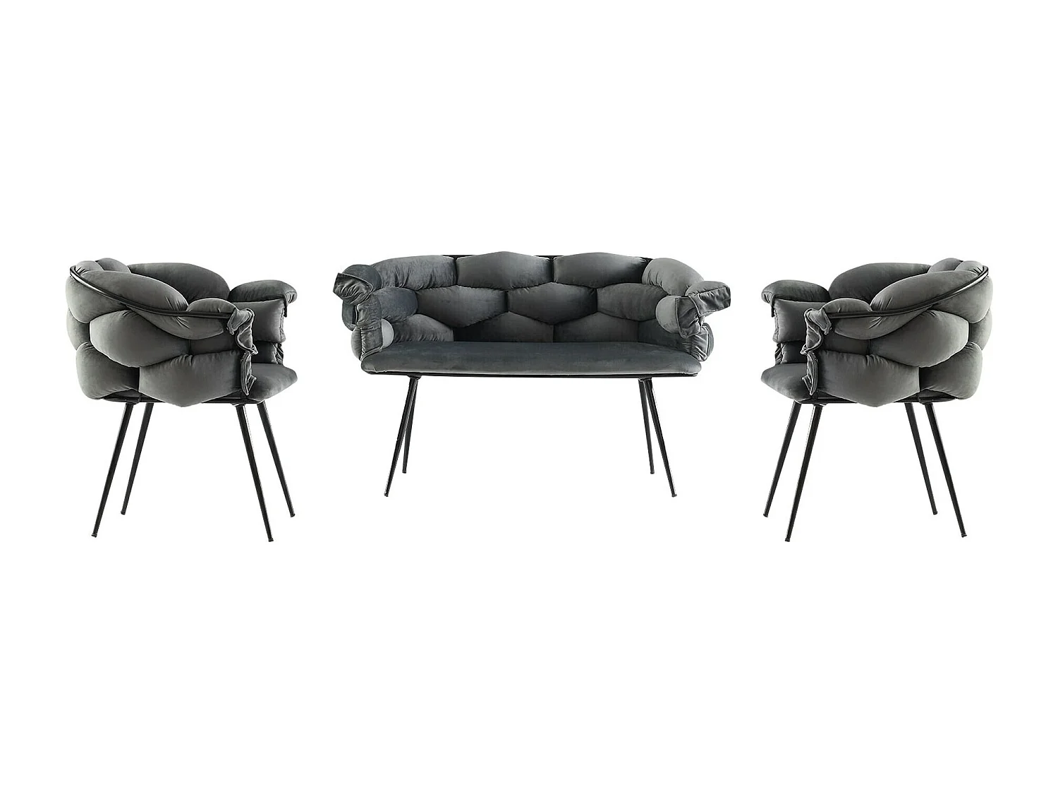 Ensemble canapé 2 places et 2 fauteuils Krogh Métal Noir et Velours Gris foncé