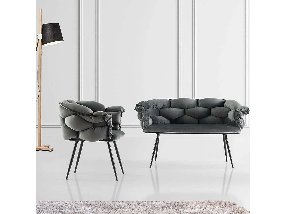 Ensemble canapé 2 places et 2 fauteuils Krogh Métal Noir et Velours Gris foncé