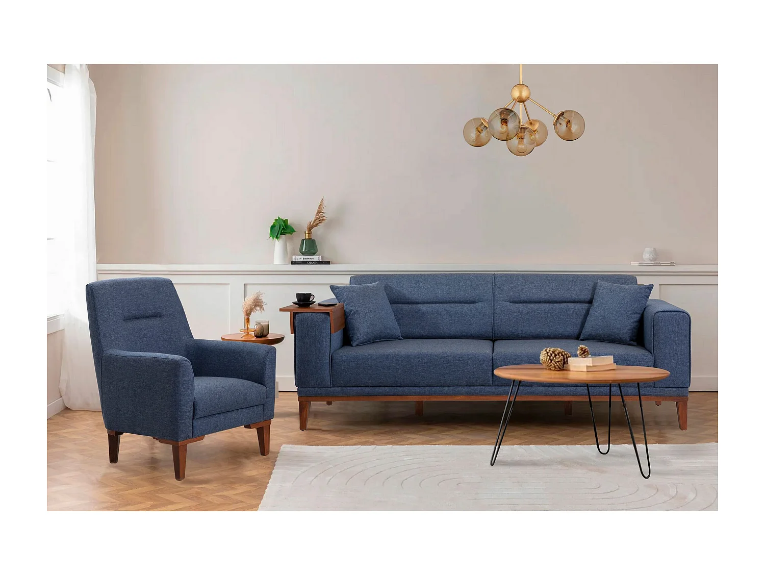 Ensemble canapé 3 places convertible, Fauteuil et table d'appoint Agios Tissu Bleu foncé