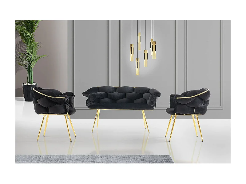 Ensemble canapé 2 places et 2 fauteuils Krogh Métal Or et Velours Noir