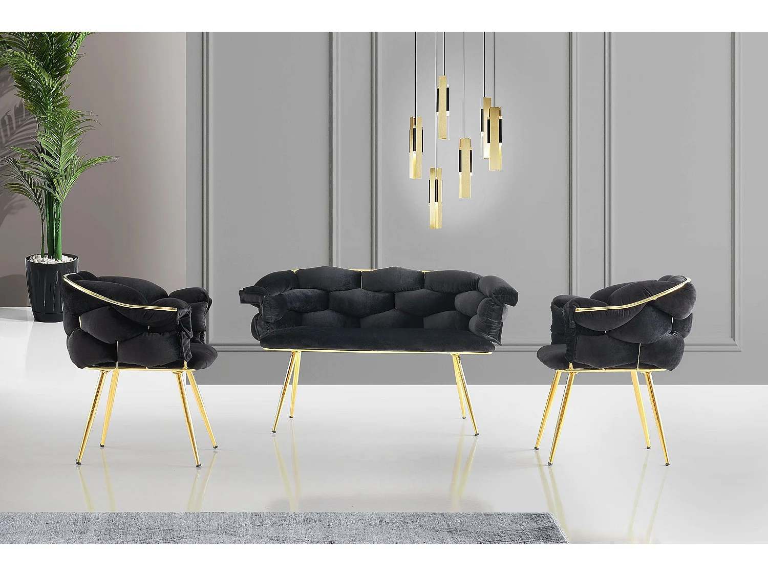 Ensemble canapé 2 places et 2 fauteuils Krogh Métal Or et Velours Noir