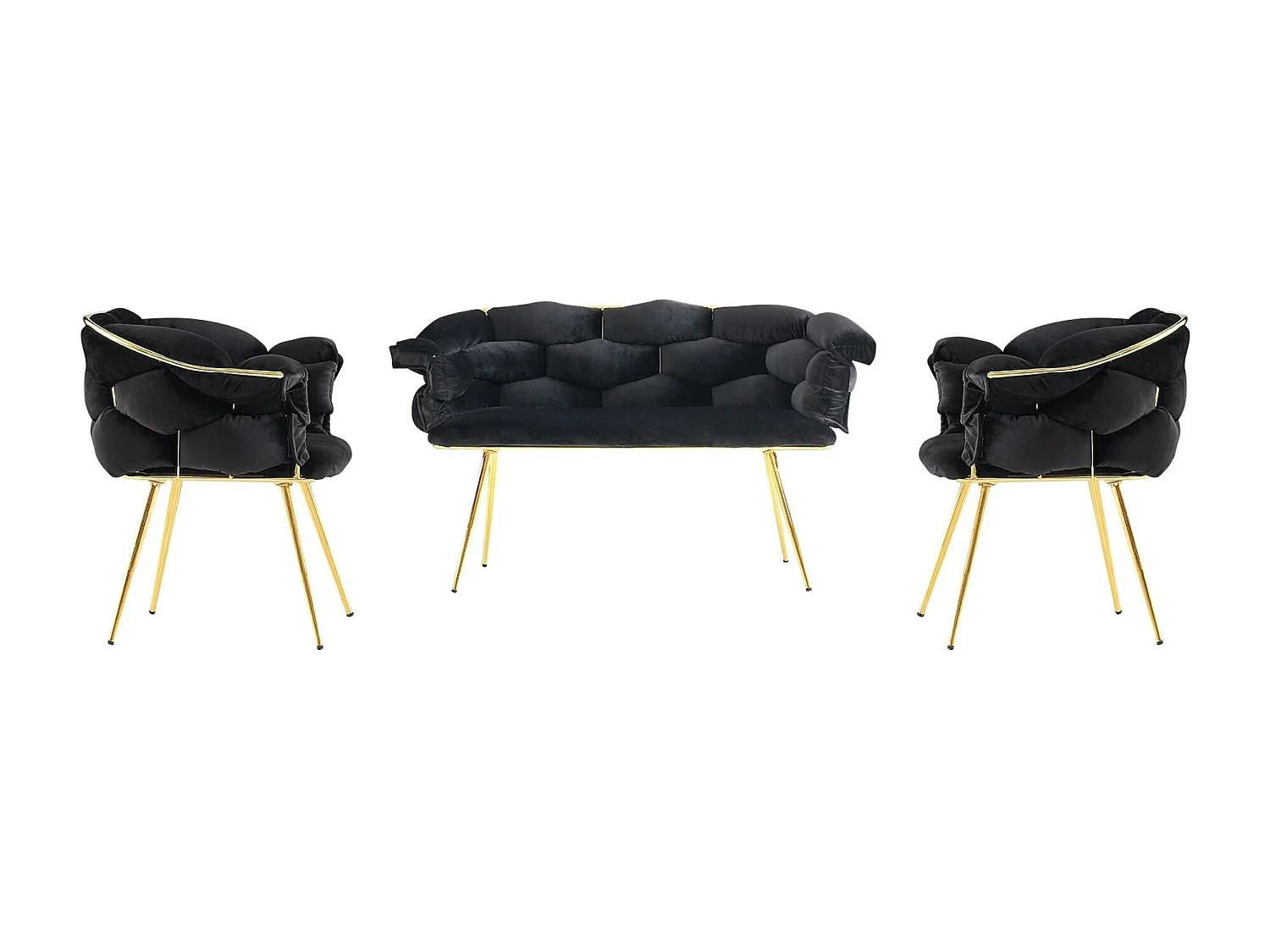 Ensemble canapé 2 places et 2 fauteuils Krogh Métal Or et Velours Noir