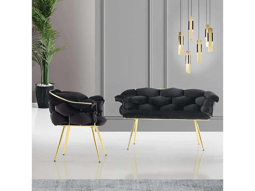 Ensemble canapé 2 places et 2 fauteuils Krogh Métal Or et Velours Noir