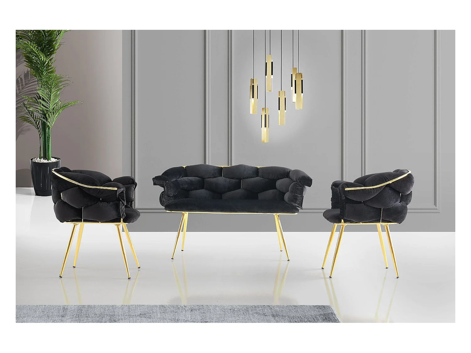 Ensemble canapé 2 places et 2 fauteuils Krogh Métal Or et Velours Noir