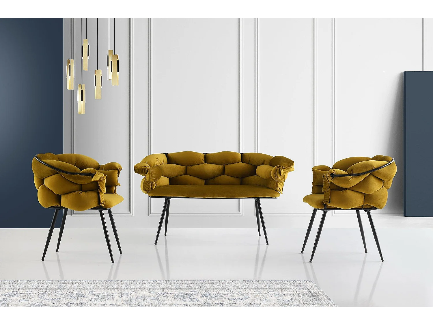 Ensemble canapé 2 places et 2 fauteuils Krogh Métal Noir et Velours Ochre