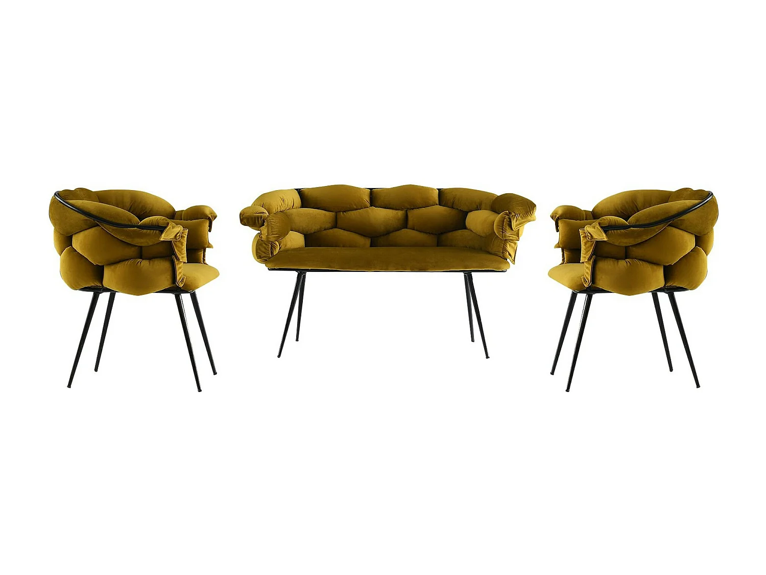 Ensemble canapé 2 places et 2 fauteuils Krogh Métal Noir et Velours Ochre