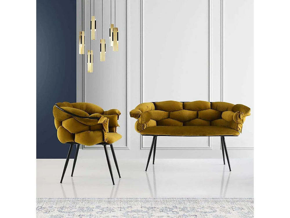 Ensemble canapé 2 places et 2 fauteuils Krogh Métal Noir et Velours Ochre