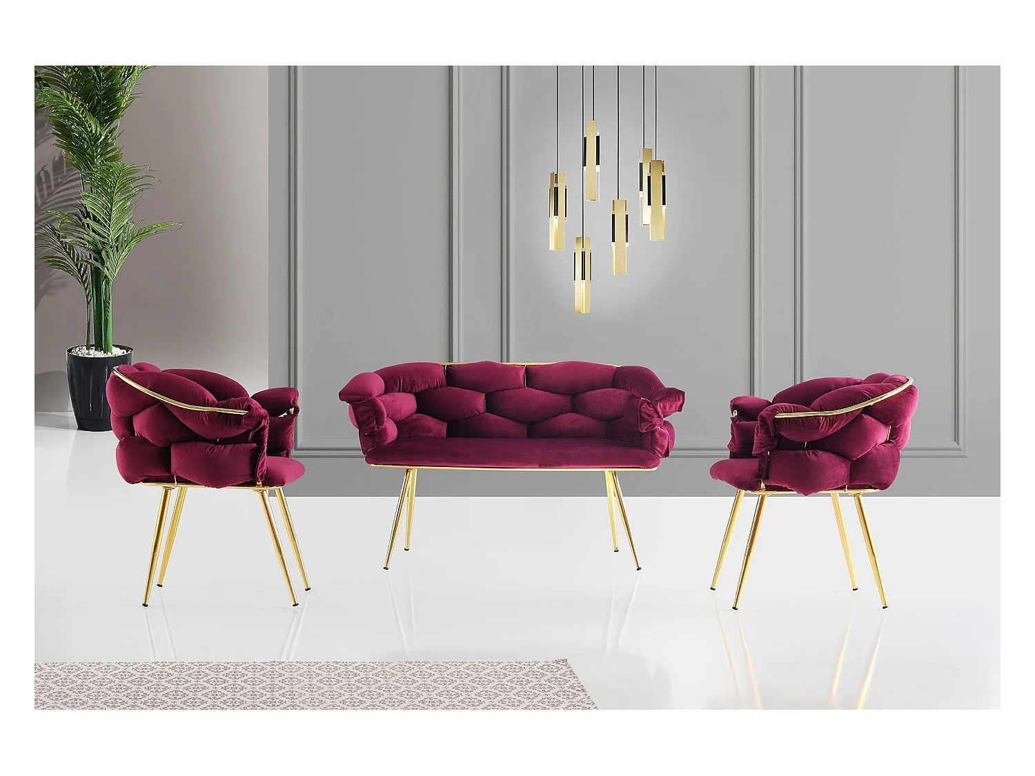 Ensemble canapé 2 places et 2 fauteuils Krogh Métal Or et Velours Bordeaux