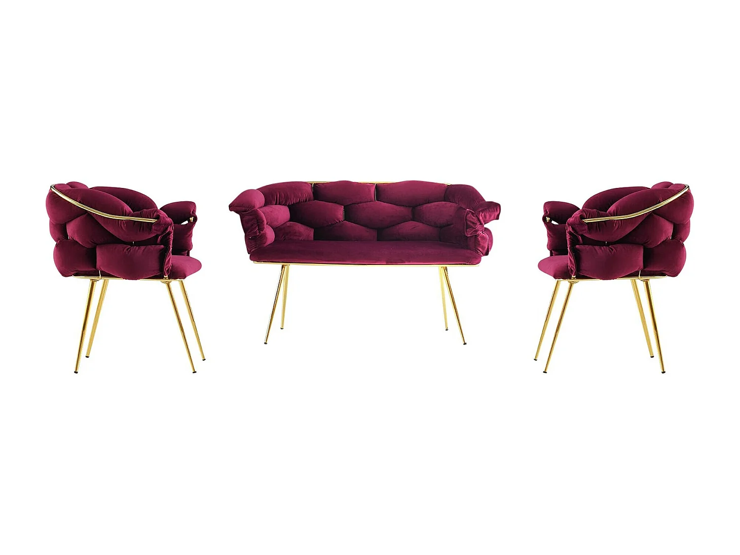 Ensemble canapé 2 places et 2 fauteuils Krogh Métal Or et Velours Bordeaux