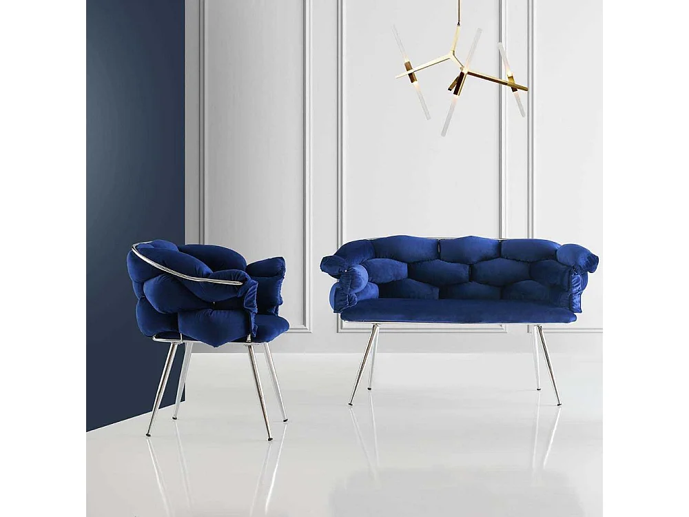 Ensemble canapé 2 places et 2 fauteuils Krogh Métal Chrome et Velours Bleu marine