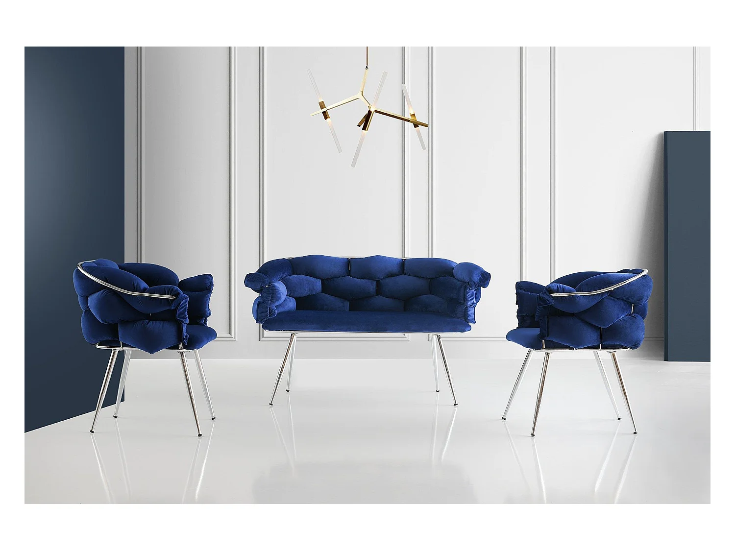 Ensemble canapé 2 places et 2 fauteuils Krogh Métal Chrome et Velours Bleu marine