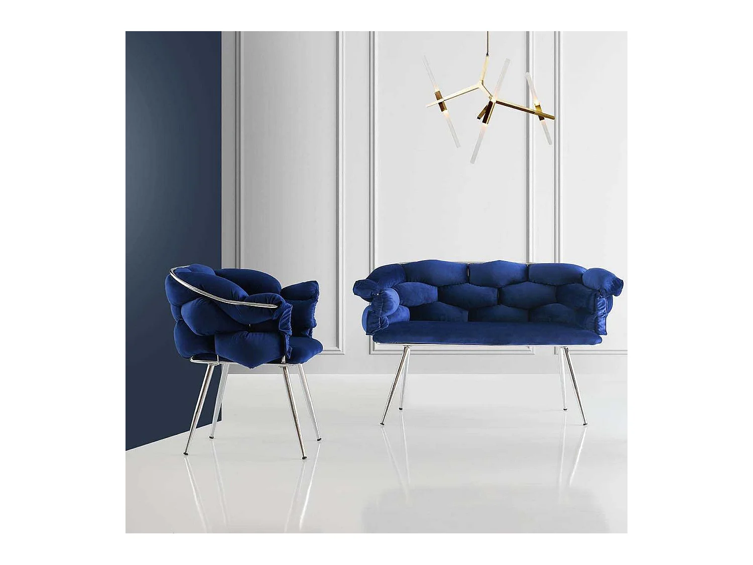 Ensemble canapé 2 places et 2 fauteuils Krogh Métal Chrome et Velours Bleu marine