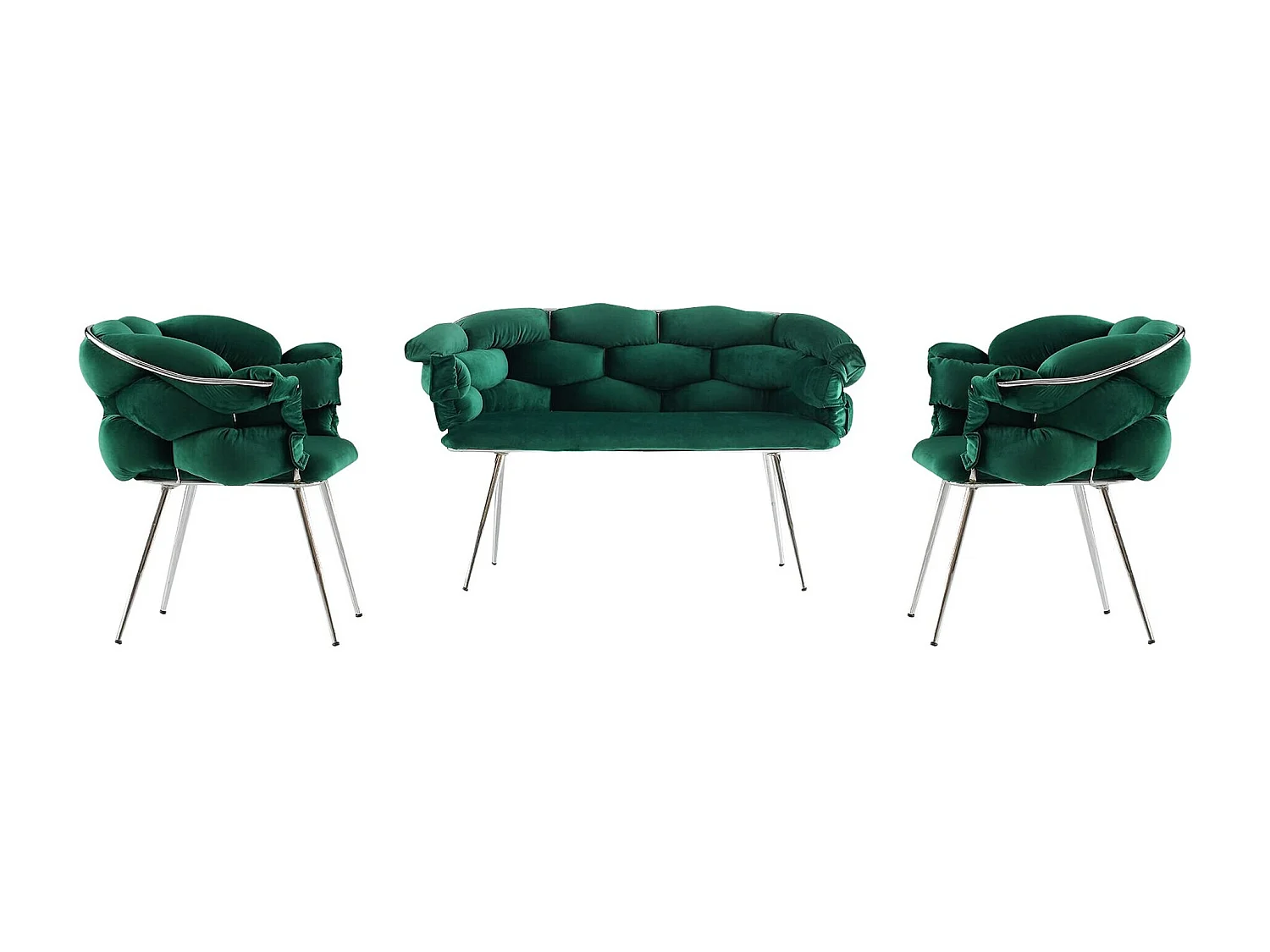 Ensemble canapé 2 places et 2 fauteuils Krogh Métal Chrome et Velours Vert