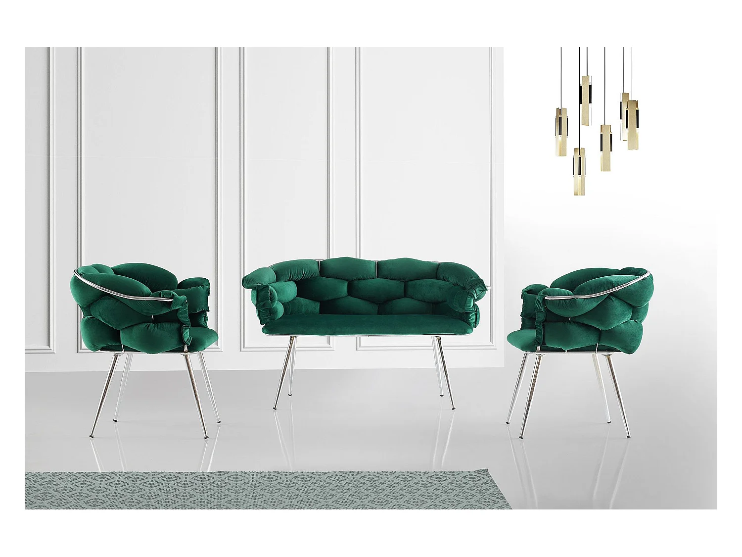 Ensemble canapé 2 places et 2 fauteuils Krogh Métal Chrome et Velours Vert