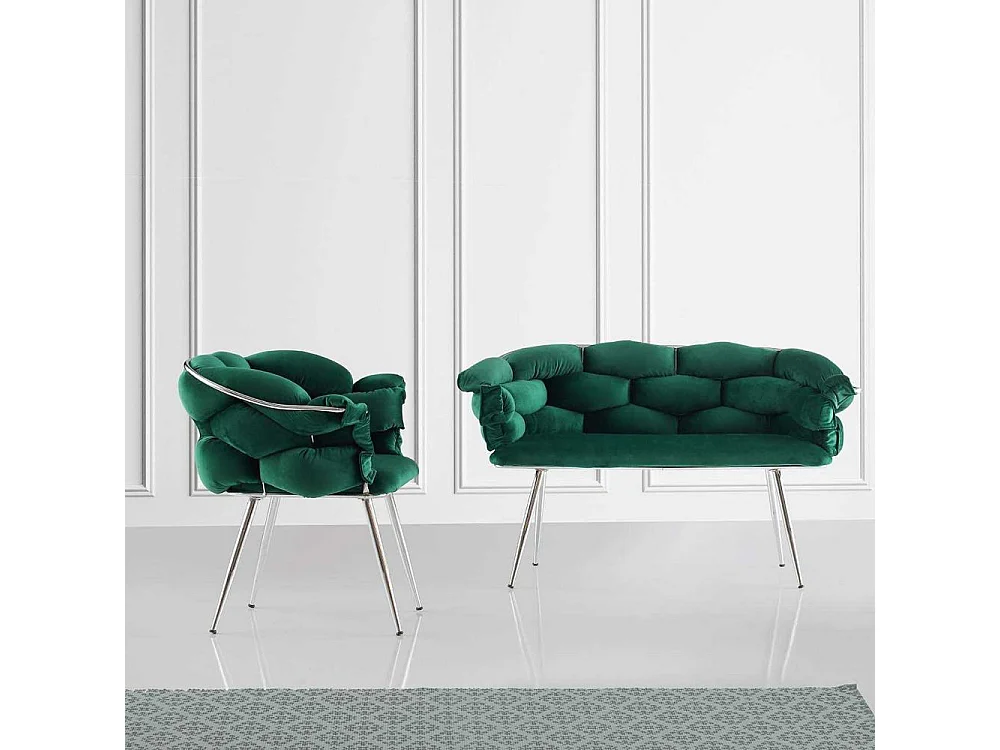 Ensemble canapé 2 places et 2 fauteuils Krogh Métal Chrome et Velours Vert