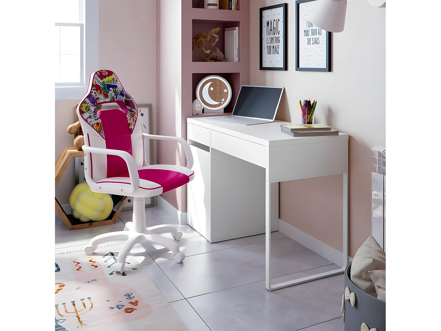 Silla gaming DRW Sticker - Blanco - Rosa DRW