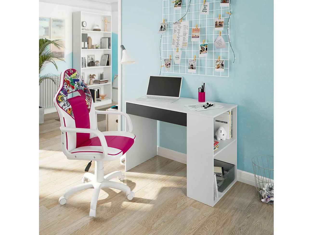 Silla gaming con ruedas y reposabrazos en blanco y rosa 98-109,5 cm DRW Sticker Sticker - Blanco - Rosa DRW