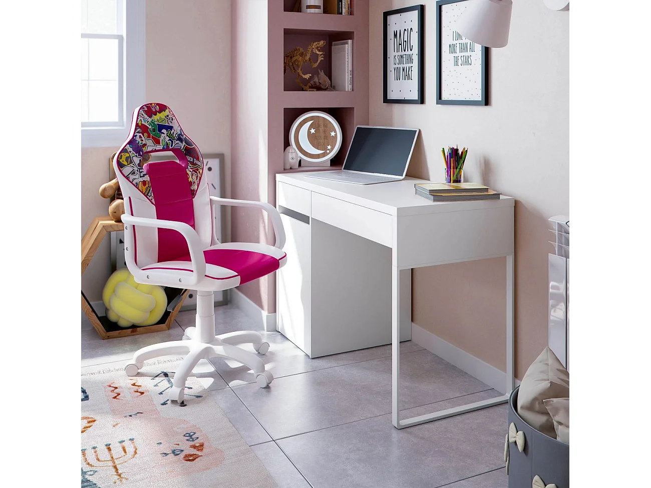 Silla gaming con ruedas y reposabrazos en blanco y rosa 98-109,5 cm DRW Sticker Sticker - Blanco - Rosa DRW