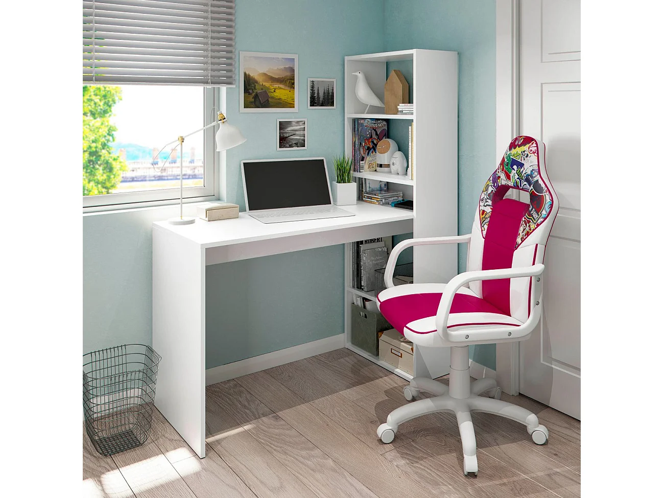 Silla gaming con ruedas y reposabrazos en blanco y rosa 98-109,5 cm DRW Sticker Sticker - Blanco - Rosa DRW