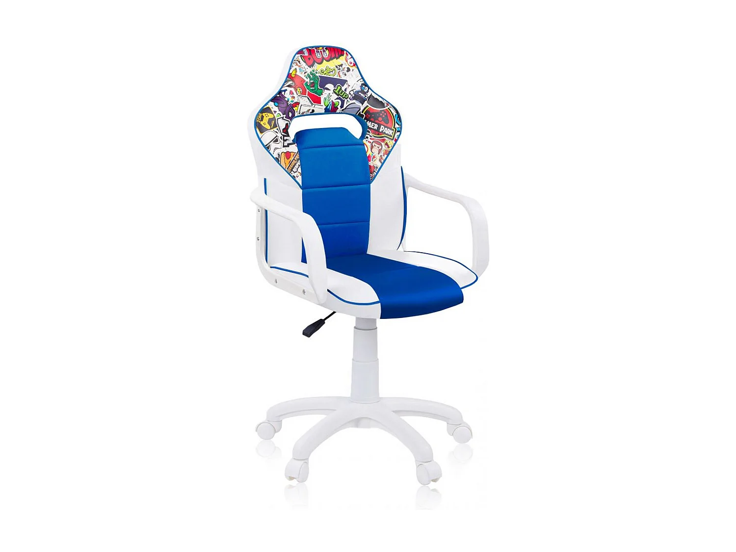 Silla gaming con ruedas y reposabrazos en blanco y azul 98-109,5 cm DRW Sticker Sticker Blanco Azul DRW