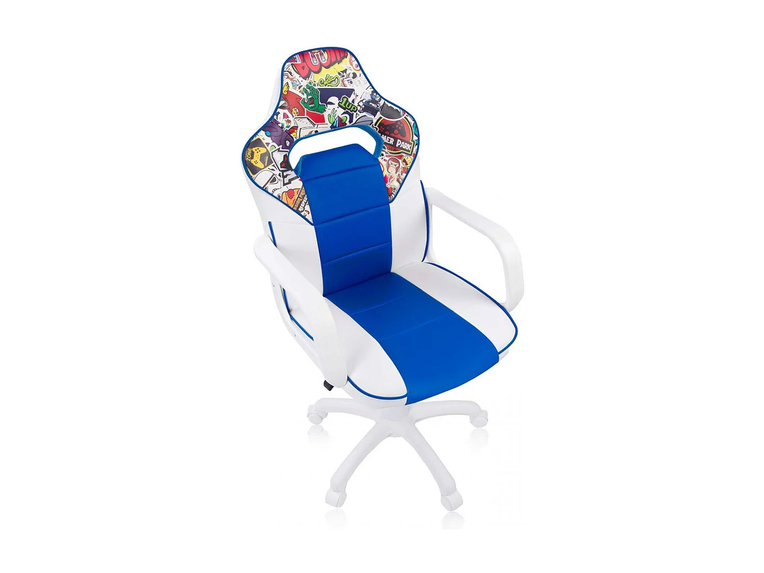 Silla gaming con ruedas y reposabrazos en blanco y azul 98-109,5 cm DRW Sticker Sticker Blanco Azul DRW