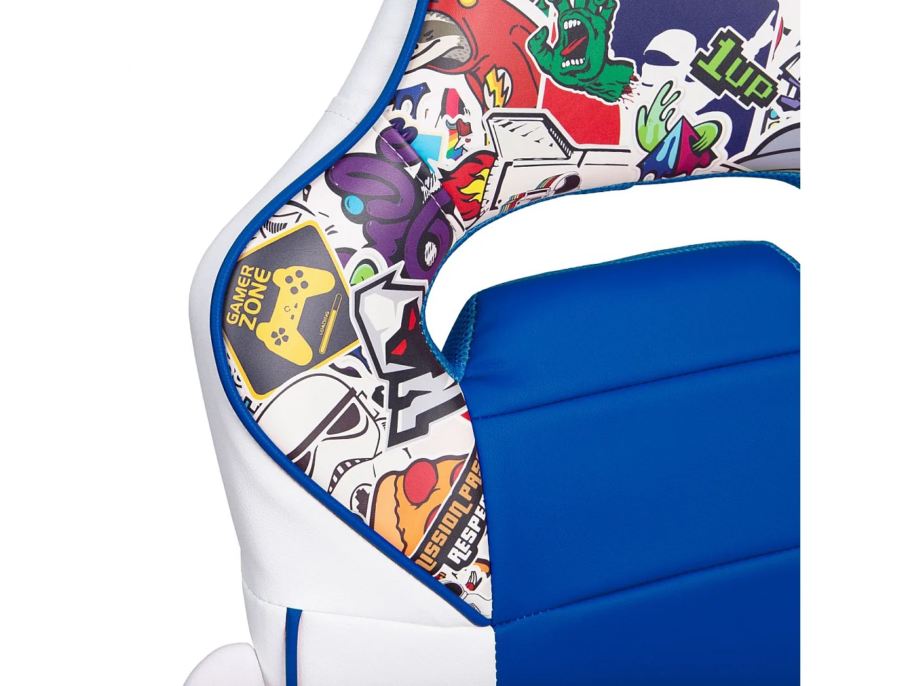 Silla gaming con ruedas y reposabrazos en blanco y azul 98-109,5 cm DRW Sticker Sticker Blanco Azul DRW